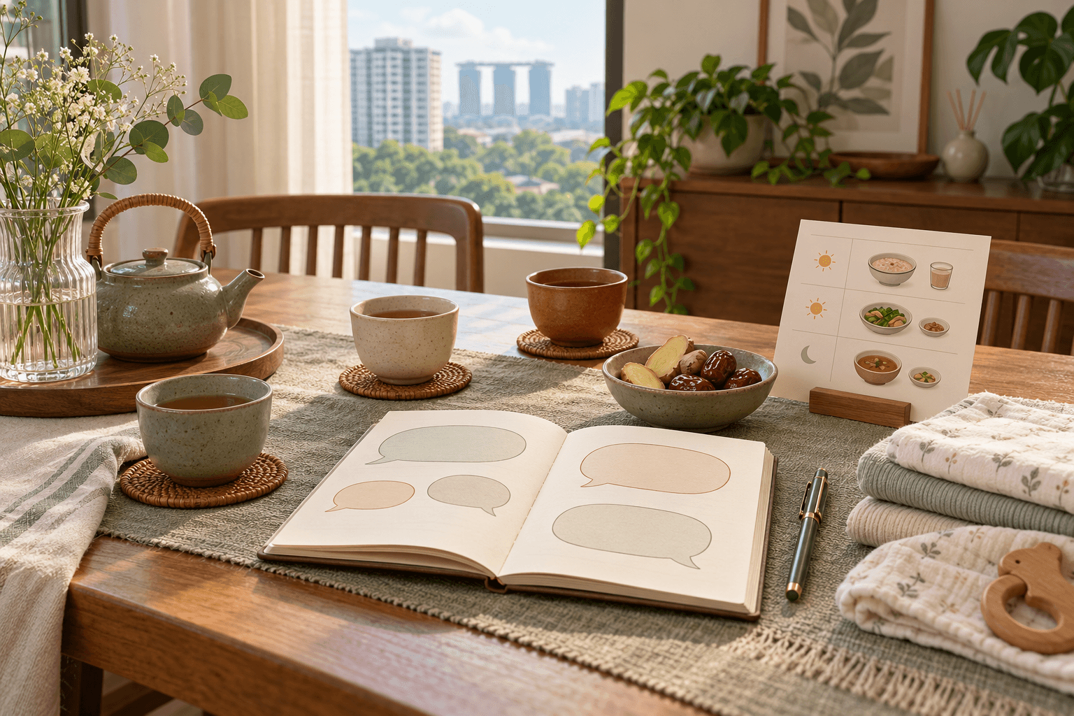 Three teacups, an open conversation notebook, a meal schedule, ginger, red dates, and folded baby textiles on a sunlit dining table.